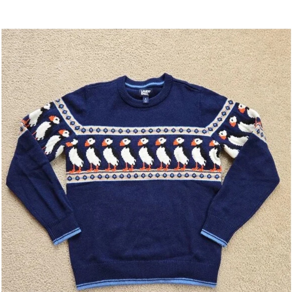 Lands’ End Puffin holiday Sweater penguins Cotton/Wool Blend